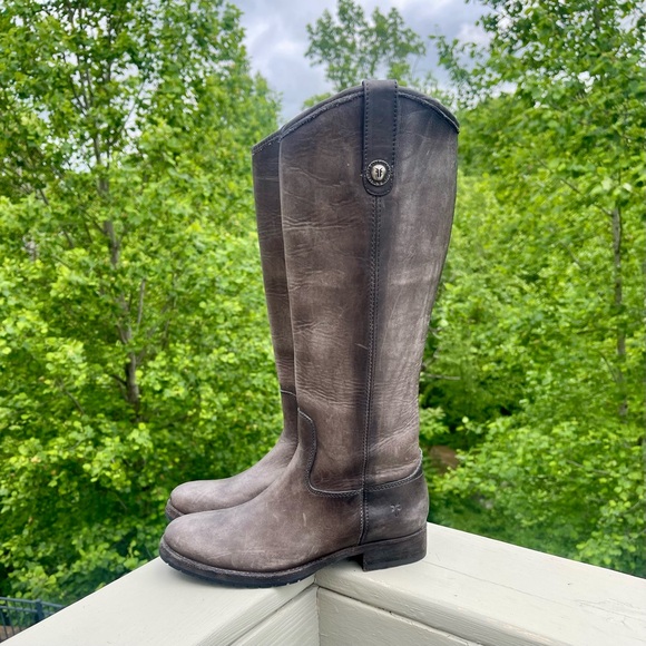 LIKE NEW FRYE Melissa Double Button Lug Distressed Charcoal Leather Riding Boots - Picture 7 of 16